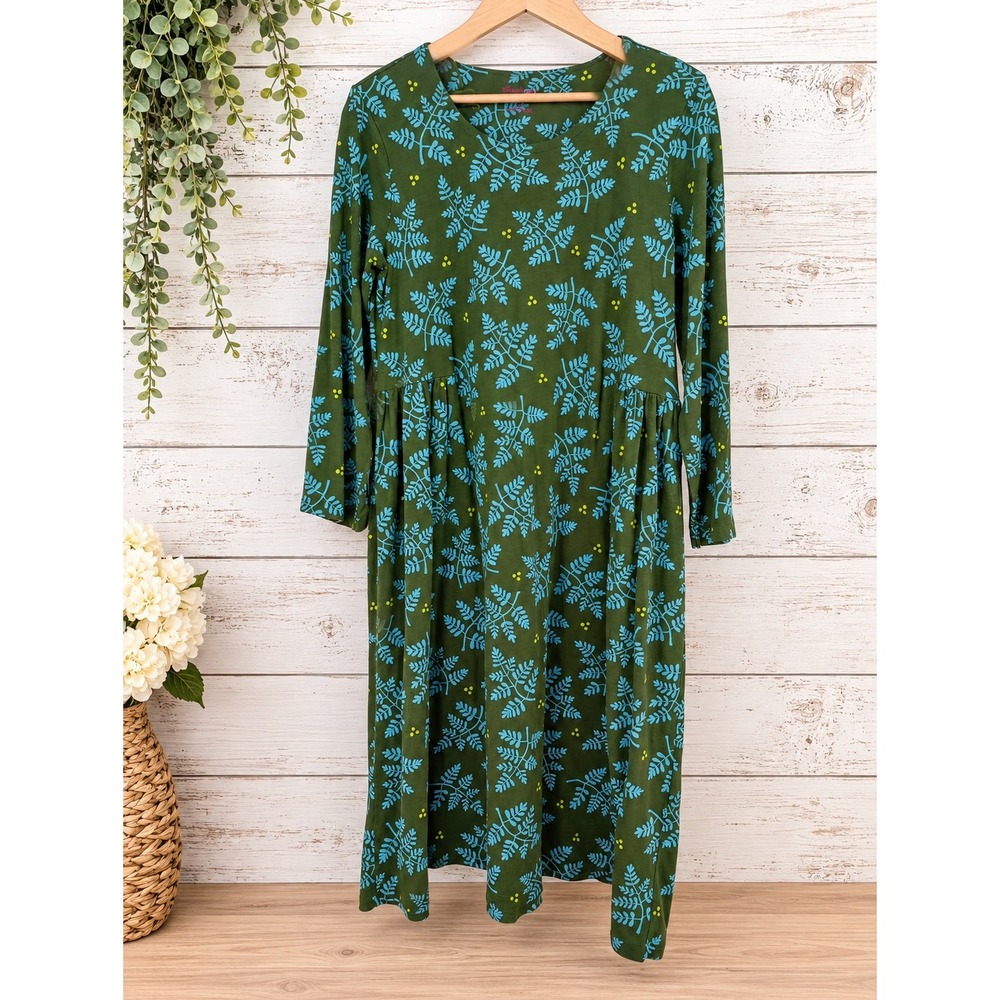 Gudrun Sjoden Midi Dress Women M Green Leaf Print Long Sleeve Organic Cotton